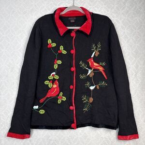 Vtg Holiday Cardigan Sweater Womens L Embroidered Beaded Winter Birds Christmas